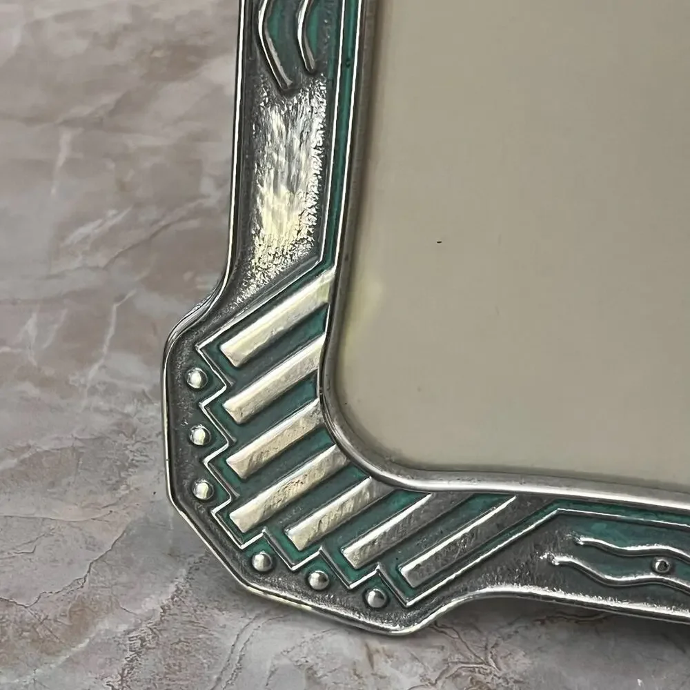 Vintage Silver Toned Picture Frame 4.5 x 6.5 in Aqua Accents Textured Easel Back